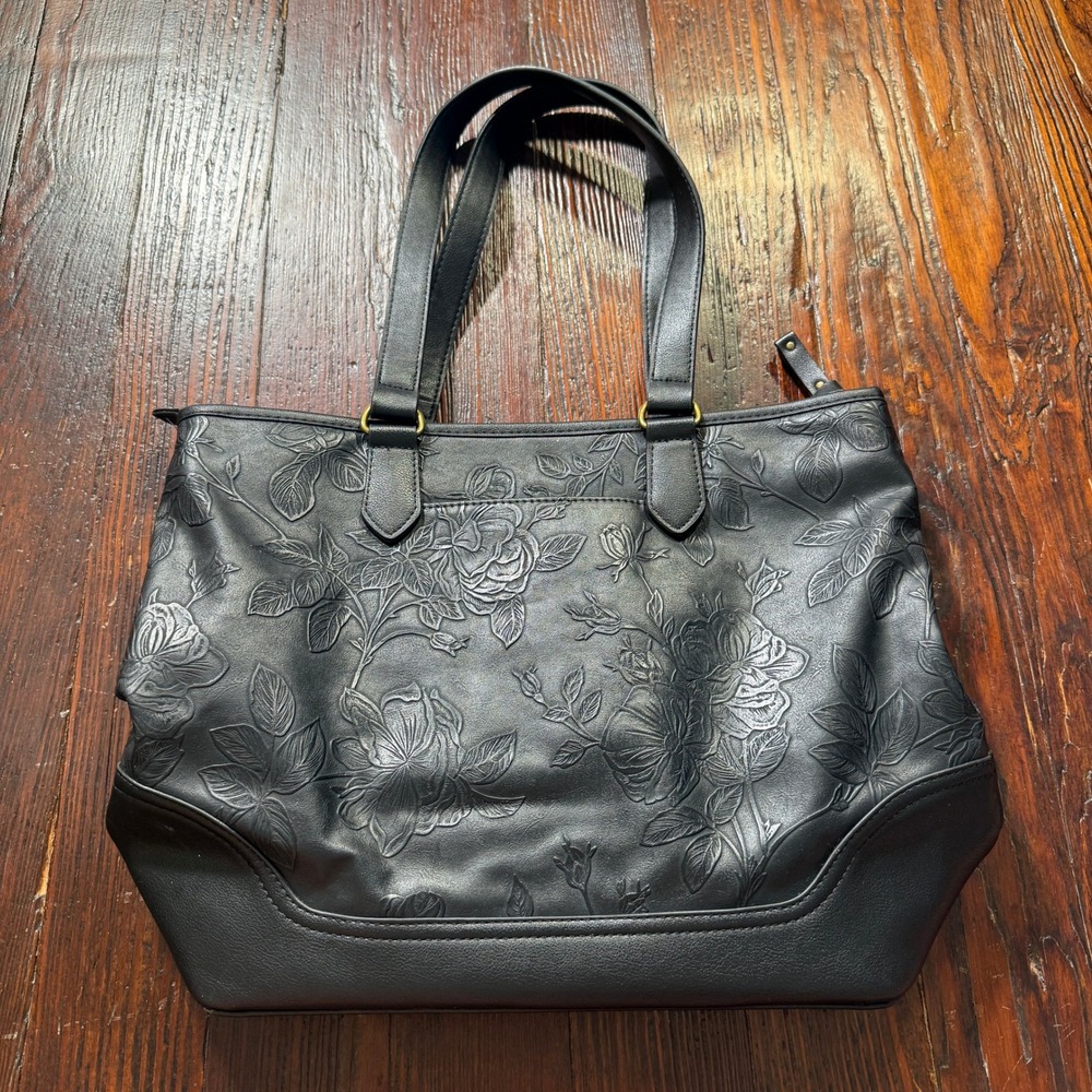 Frye & Co Tote Bag Purse Black Embossed Floral Rose Faux Leather Shoulder - Picture 7 of 10